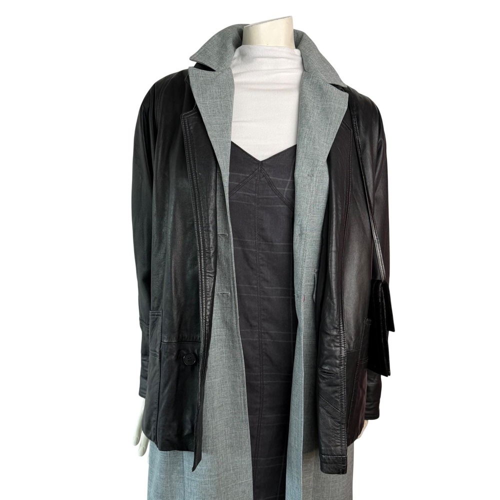 Vintage 90s Black Leather Blazer Jacket Button Front Minimalist Quiet Luxury M